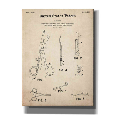 Image of 'Medical Instruments Blueprint Patent Parchment,' Canvas Wall Art,12x16x1.1x0,18x26x1.1x0,26x34x1.74x0,40x54x1.74x0