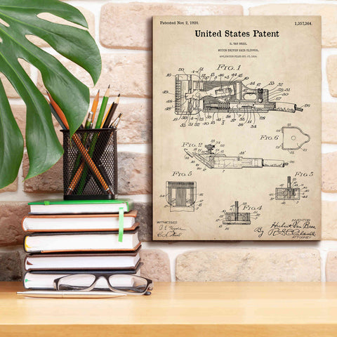 Image of 'Motor Hair Clipper Blueprint Patent Parchment,' Canvas Wall Art,12 x 16