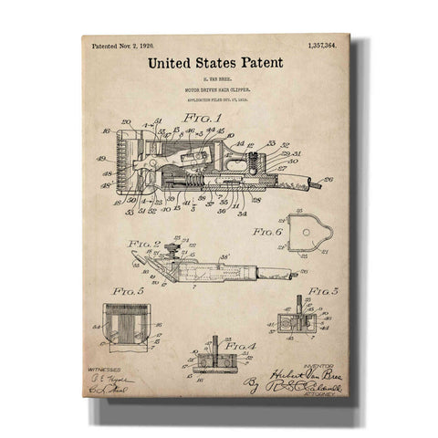 Image of 'Motor Hair Clipper Blueprint Patent Parchment,' Canvas Wall Art,12x16x1.1x0,18x26x1.1x0,26x34x1.74x0,40x54x1.74x0