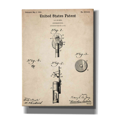 Image of 'Ophthalmoscope Blueprint Patent Parchment,' Canvas Wall Art,12x16x1.1x0,18x26x1.1x0,26x34x1.74x0,40x54x1.74x0