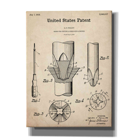 Image of 'Screw Driver Blueprint Patent Parchment,' Canvas Wall Art,12x16x1.1x0,18x26x1.1x0,26x34x1.74x0,40x54x1.74x0