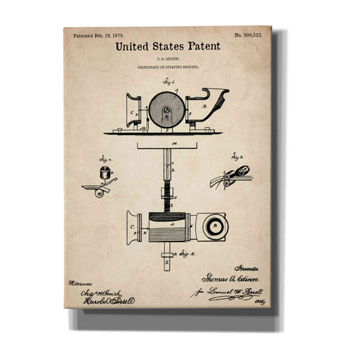 Image of 'Phonograph Blueprint Patent Parchment,' Canvas Wall Art,12x16x1.1x0,18x26x1.1x0,26x34x1.74x0,40x54x1.74x0