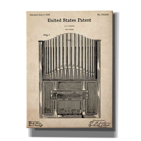 Image of 'Pipe Organ Blueprint Patent Parchment,' Canvas Wall Art,12x16x1.1x0,18x26x1.1x0,26x34x1.74x0,40x54x1.74x0