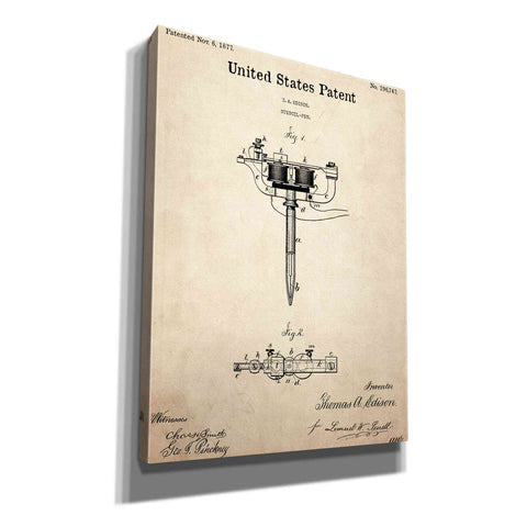 Image of 'Tattoo Stencil Pen Blueprint Patent Parchment,' Canvas Wall Art,12x16x1.1x0,18x26x1.1x0,26x34x1.74x0,40x54x1.74x0