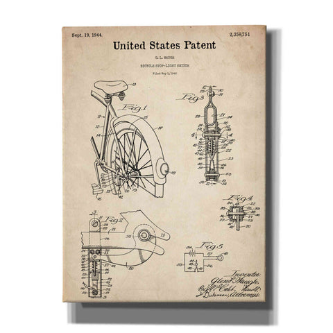 Image of 'Bicycle Stop-light Switch Blueprint Patent Parchment,' Canvas Wall Art,12x16x1.1x0,18x26x1.1x0,26x34x1.74x0,40x54x1.74x0