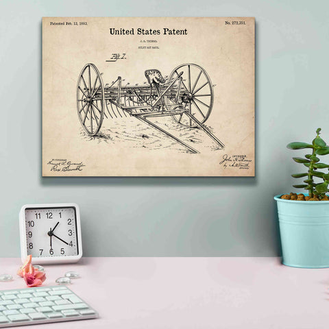 Image of 'Horse Drawn Hay Rake Blueprint Patent Parchment,' Canvas Wall Art,16 x 12