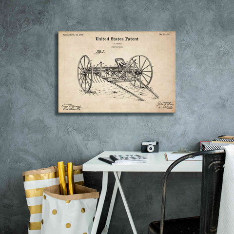 Image of 'Horse Drawn Hay Rake Blueprint Patent Parchment,' Canvas Wall Art,26 x 18