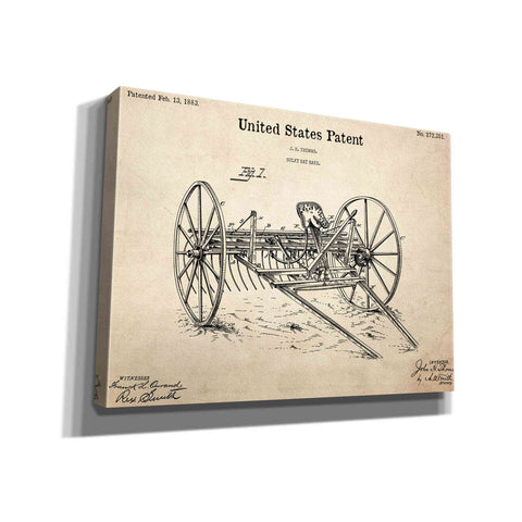 Image of 'Horse Drawn Hay Rake Blueprint Patent Parchment,' Canvas Wall Art,16x12x1.1x0,26x18x1.1x0,34x26x1.74x0,54x40x1.74x0