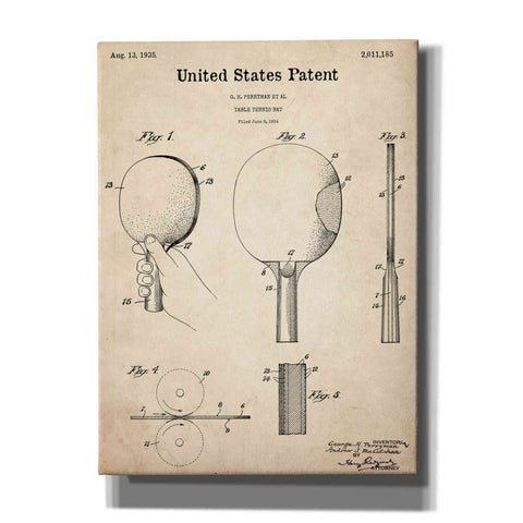 Image of 'Table Tennis Paddle Blueprint Patent Parchment,' Canvas Wall Art,12x16x1.1x0,18x26x1.1x0,26x34x1.74x0,40x54x1.74x0