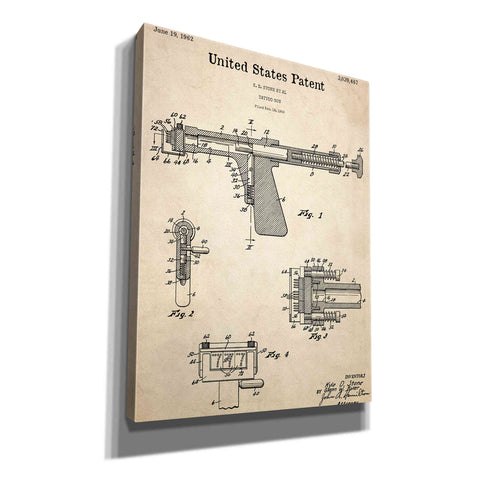 Image of 'Tattoo Gun Blueprint Patent Parchment,' Canvas Wall Art,12x16x1.1x0,18x26x1.1x0,26x34x1.74x0,40x54x1.74x0