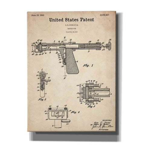 Image of 'Tattoo Gun Blueprint Patent Parchment,' Canvas Wall Art,12x16x1.1x0,18x26x1.1x0,26x34x1.74x0,40x54x1.74x0