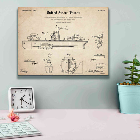 Image of 'Non-Sinkable Vessel Blueprint Patent Parchment,' Canvas Wall Art,16 x 12