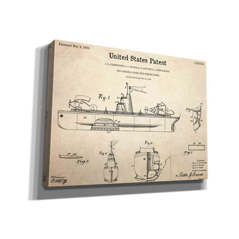 Image of 'Non-Sinkable Vessel Blueprint Patent Parchment,' Canvas Wall Art,16x12x1.1x0,26x18x1.1x0,34x26x1.74x0,54x40x1.74x0