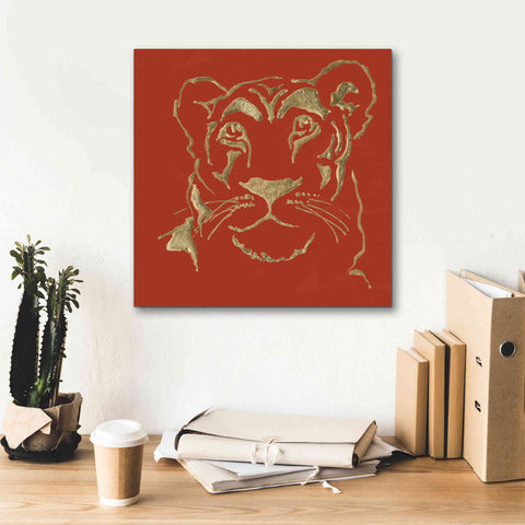Image of 'Gilded Lioness on Red Pillow' by Chris Paschke, Canvas Wall Art,18 x 18