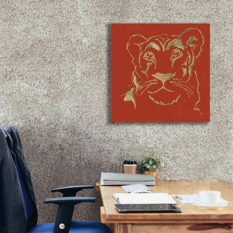 Image of 'Gilded Lioness on Red Pillow' by Chris Paschke, Canvas Wall Art,26 x 26