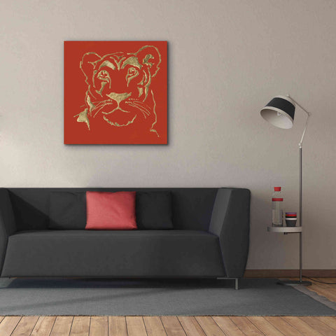 Image of 'Gilded Lioness on Red Pillow' by Chris Paschke, Canvas Wall Art,37 x 37