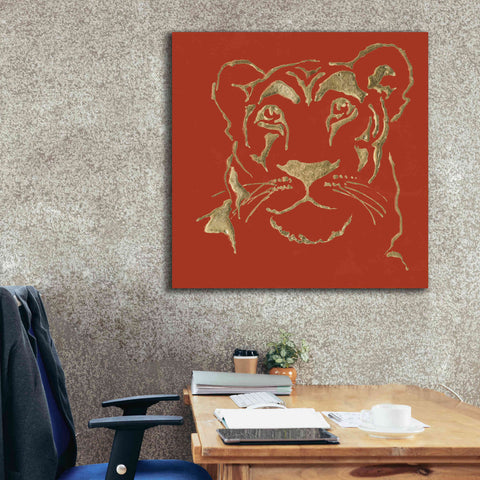 Image of 'Gilded Lioness on Red Pillow' by Chris Paschke, Canvas Wall Art,37 x 37