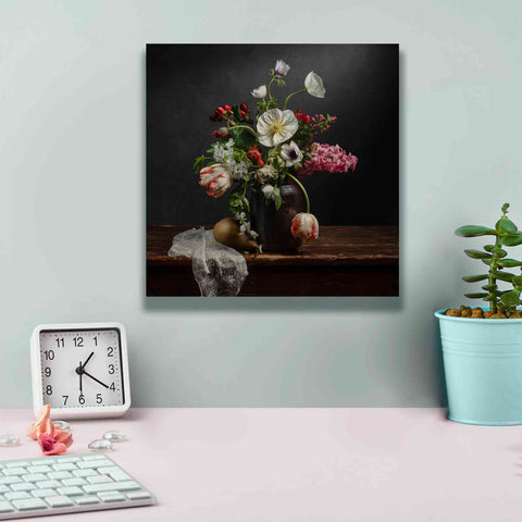 Image of 'Pear And Parrot Tulip Still Life' by Leah McLean Giclee Canvas Wall Art,12 x 12