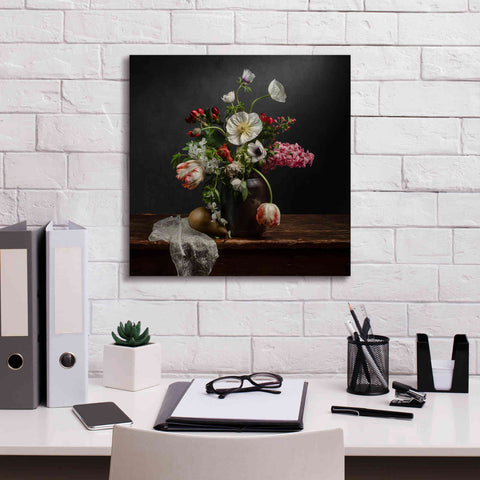 Image of 'Pear And Parrot Tulip Still Life' by Leah McLean Giclee Canvas Wall Art,18 x 18