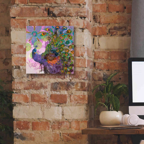 Image of 'Peacock Prance' by Evelia Designs Giclee Canvas Wall Art,12 x 12