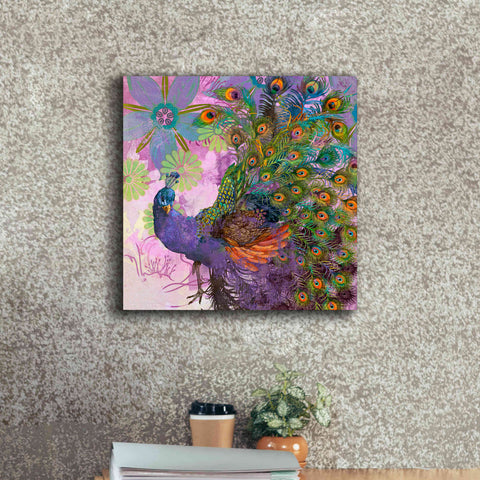 Image of 'Peacock Prance' by Evelia Designs Giclee Canvas Wall Art,18 x 18