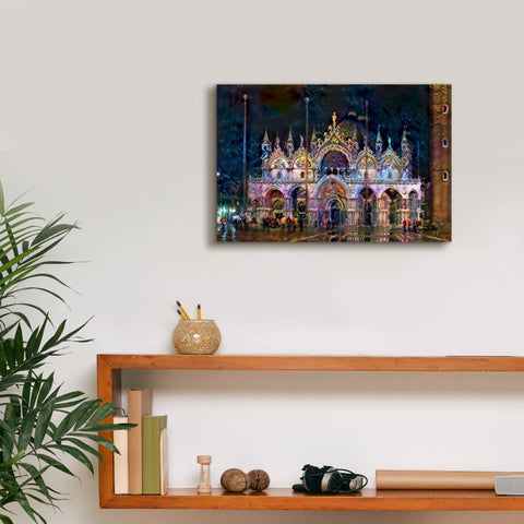 Image of 'Venice Italy Patriarchal Cathedral Basilica of Saint Mark at Night' by Pedro Gavidia, Canvas Wall Art,18 x 12