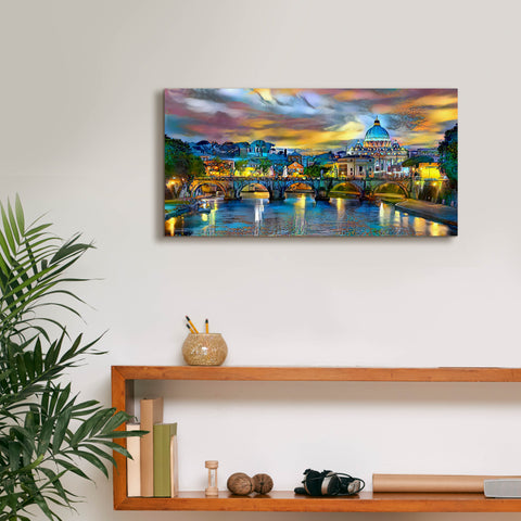 Image of 'Vatican City Saint Peter Basilica and bridge by night' by Pedro Gavidia, Canvas Wall Art,24 x 12