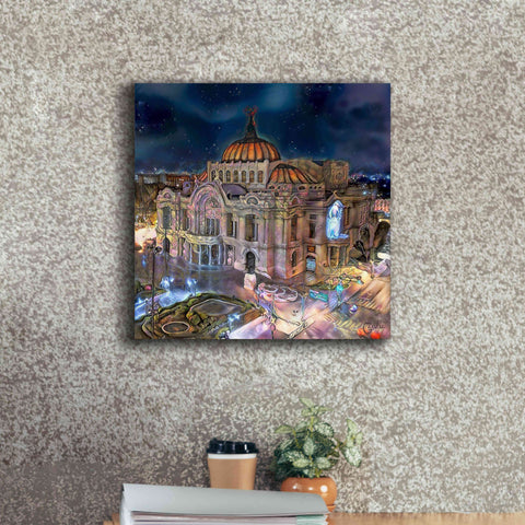 Image of 'Mexico City Palace of Fine Arts at night' by Pedro Gavidia, Canvas Wall Art,18 x 18
