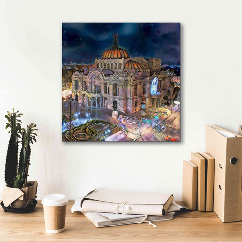 Image of 'Mexico City Palace of Fine Arts at night' by Pedro Gavidia, Canvas Wall Art,18 x 18