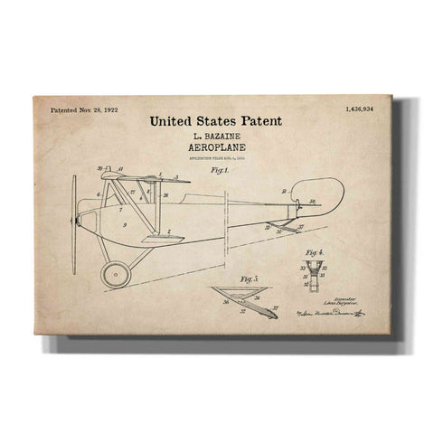 Image of 'Aeroplane Blueprint Patent Parchment,' Canvas Wall Art