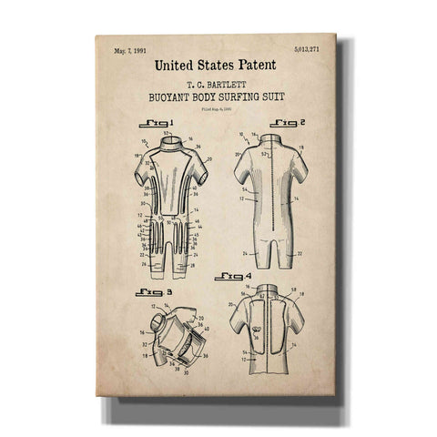 Image of 'Body Surfing Suit Blueprint Patent Parchment,' Canvas Wall Art