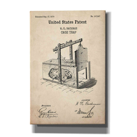 Image of 'Cage Trap Blueprint Patent Parchment,' Canvas Wall Art