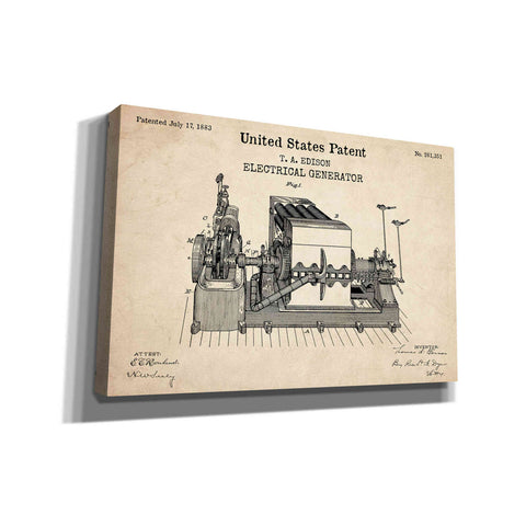 Image of 'Edison Electric Generator Blueprint Patent Parchment,' Canvas Wall Art