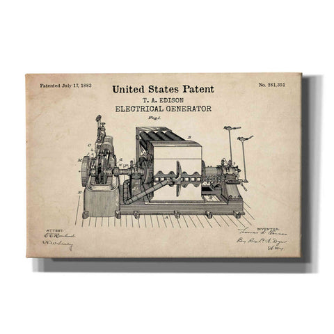 Image of 'Edison Electric Generator Blueprint Patent Parchment,' Canvas Wall Art