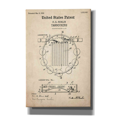 Image of 'Tambourine Blueprint Patent Parchment,' Canvas Wall Art