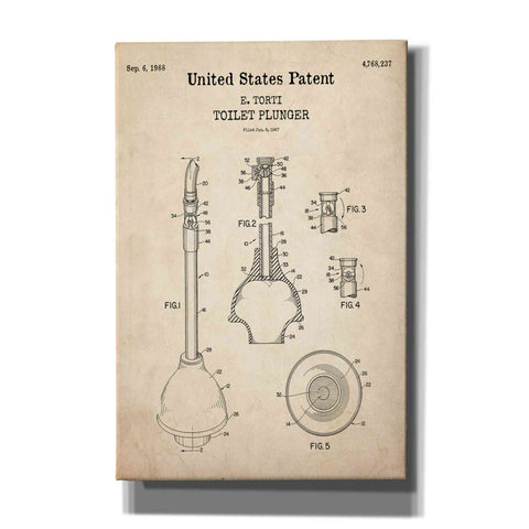 Image of 'Toilet Plunger Blueprint Patent Parchment,' Canvas Wall Art