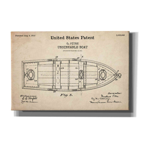 Image of 'Unsinkable Boat Blueprint Patent Parchment,' Canvas Wall Art