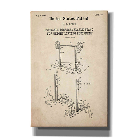 Image of 'Weight Lifting Equipment Blueprint Patent Parchment,' Canvas Wall Art