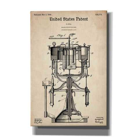 Image of 'Beer Bottling Machine Blueprint Patent Parchment' Canvas Wall Art,Size A Portrait