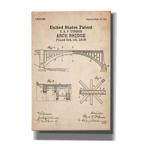 Image of 'Arch Bridge Blueprint Patent Parchment' Canvas Wall Art
