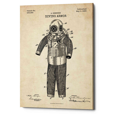 Image of 'Diving Armor Blueprint Parchment Patent' Canvas Wall Art