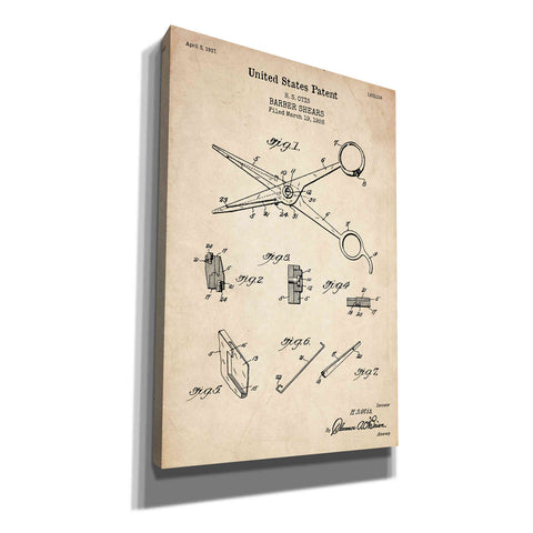 Image of 'Barber Shears Blueprint Patent Parchment' Canvas Wall Art