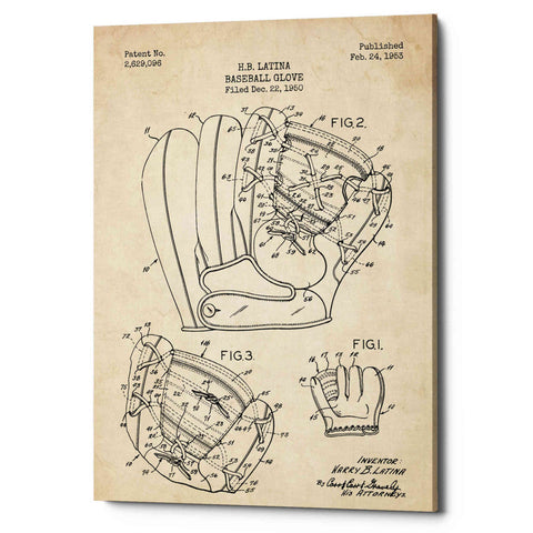 Image of 'Baseball Glove Blueprint Patent Parchment' Canvas Wall Art