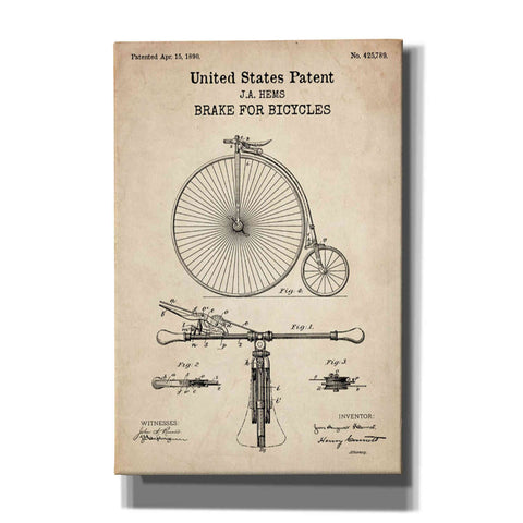 Image of 'Brake for Vintage Bicycle Blueprint Patent Parchment' Canvas Wall Art