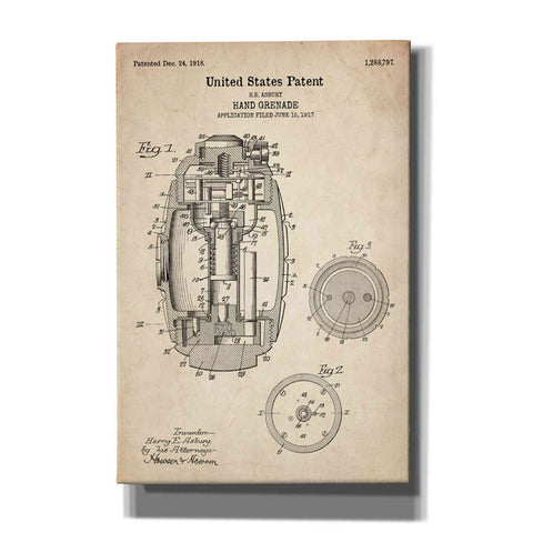 Image of 'Hand Grenade Blueprint Patent Parchment' Canvas Wall Art