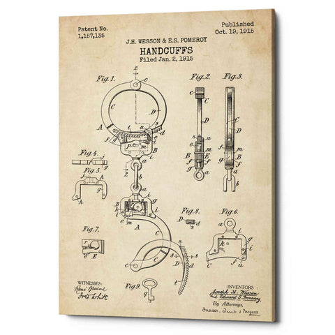 Image of 'Handcuffs Blueprint Patent Parchment' Canvas Wall Art