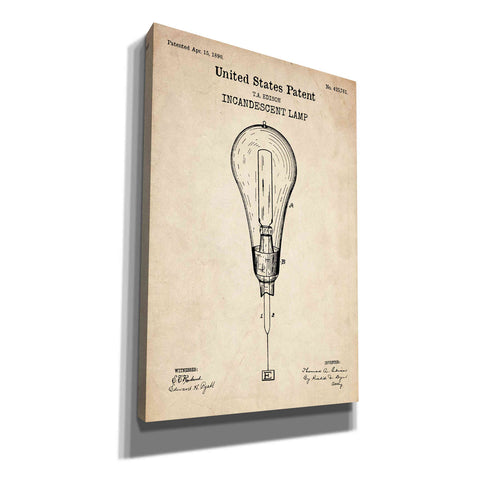 Image of 'Incandescent Lamp Blueprint Patent Parchment' Canvas Wall Art