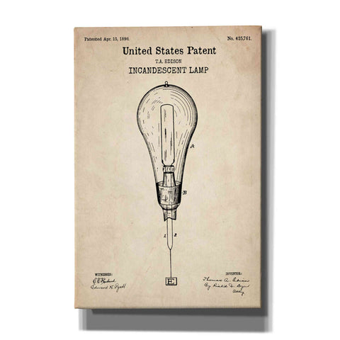 Image of 'Incandescent Lamp Blueprint Patent Parchment' Canvas Wall Art