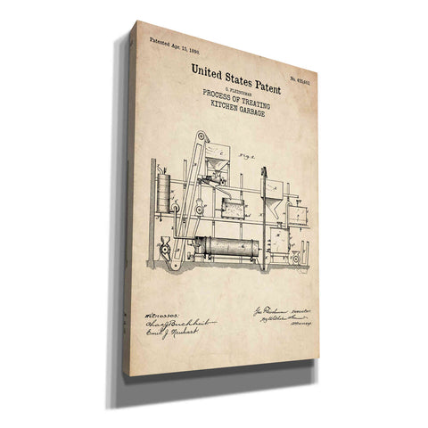 Image of 'Kitchen Garbage Blueprint Patent Parchment' Canvas Wall Art
