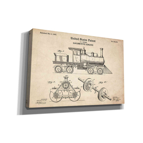 Image of 'Locomotive Engine Blueprint Patent Parchment' Canvas Wall Art